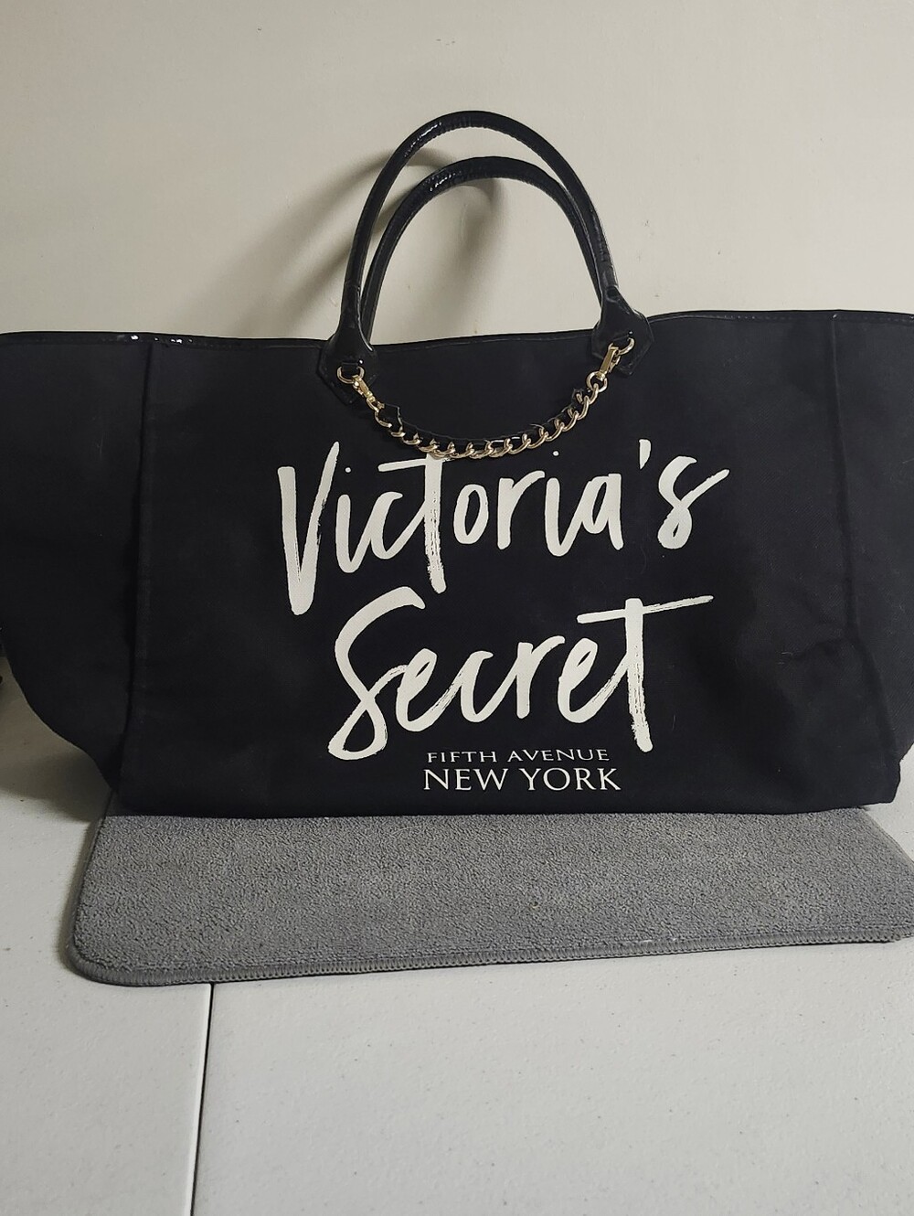 Victoria's Secret Black Tote Bag with Gold Chain Handles